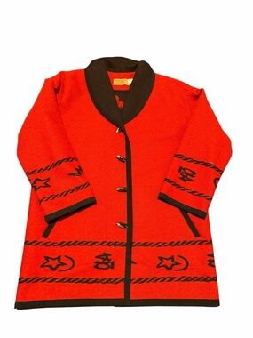 Knockabouts Pendleton Red Long Knit Coat with Black Trim - Women Jackets & Coats